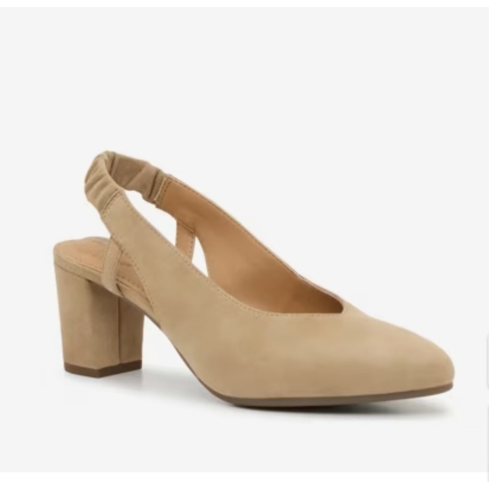 Hush Puppies Wms Litny Suede Slingback Block Heel Pumps Doe Tan Size 8M NEW! $90